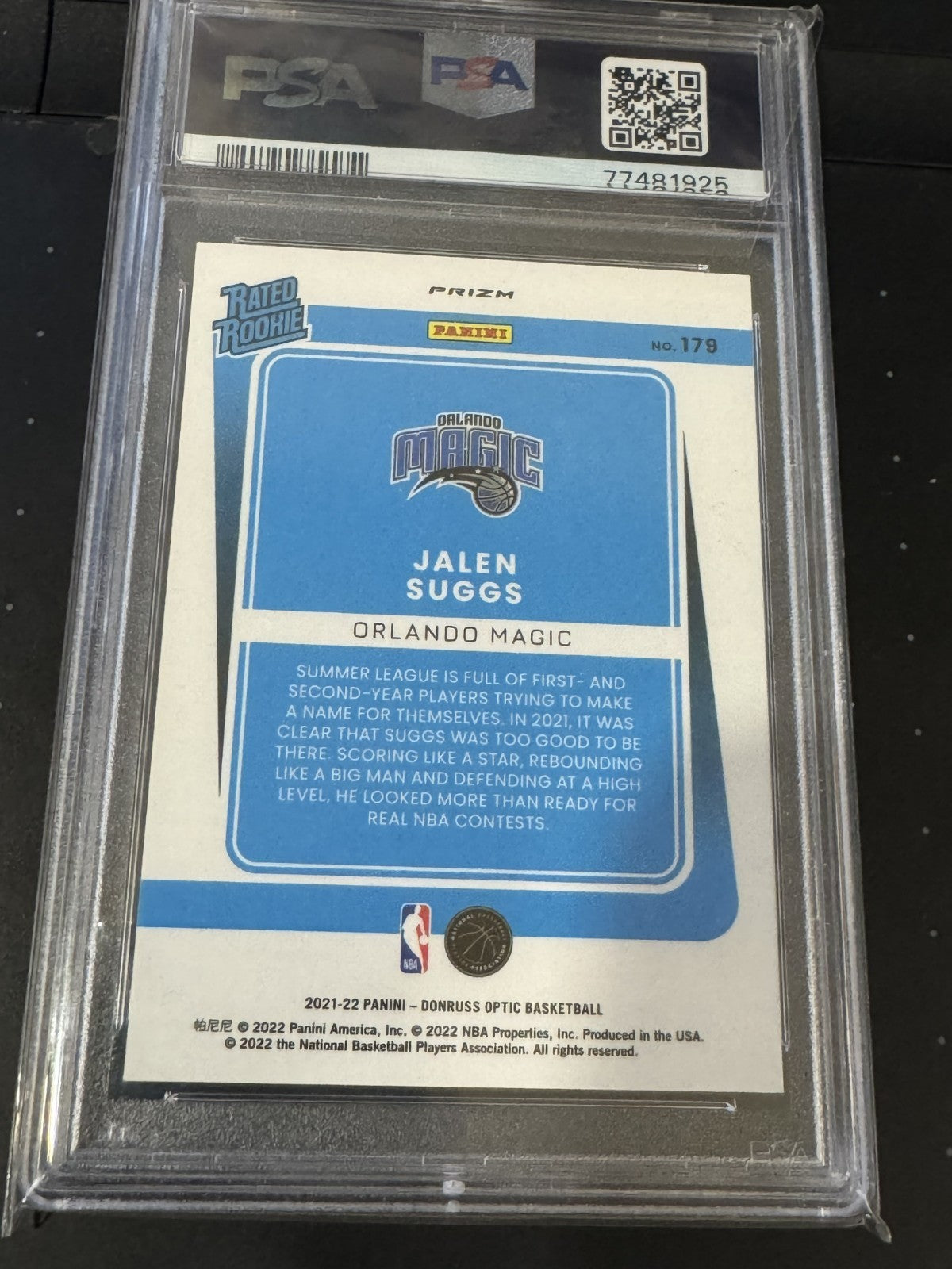 Panini Donruss Optic Blue Prizm Rookie Jalen Suggs #179 PSA 10 Orlando Magic