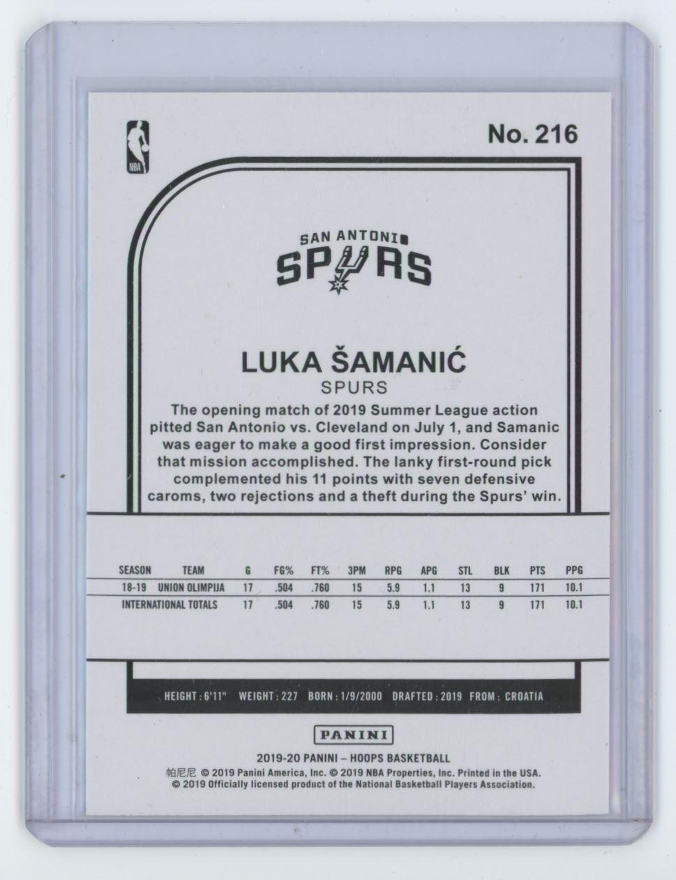 2019-20 HOOPS LUKA SAMANIC ROOKIE SAN ANTONIO SPURS #216