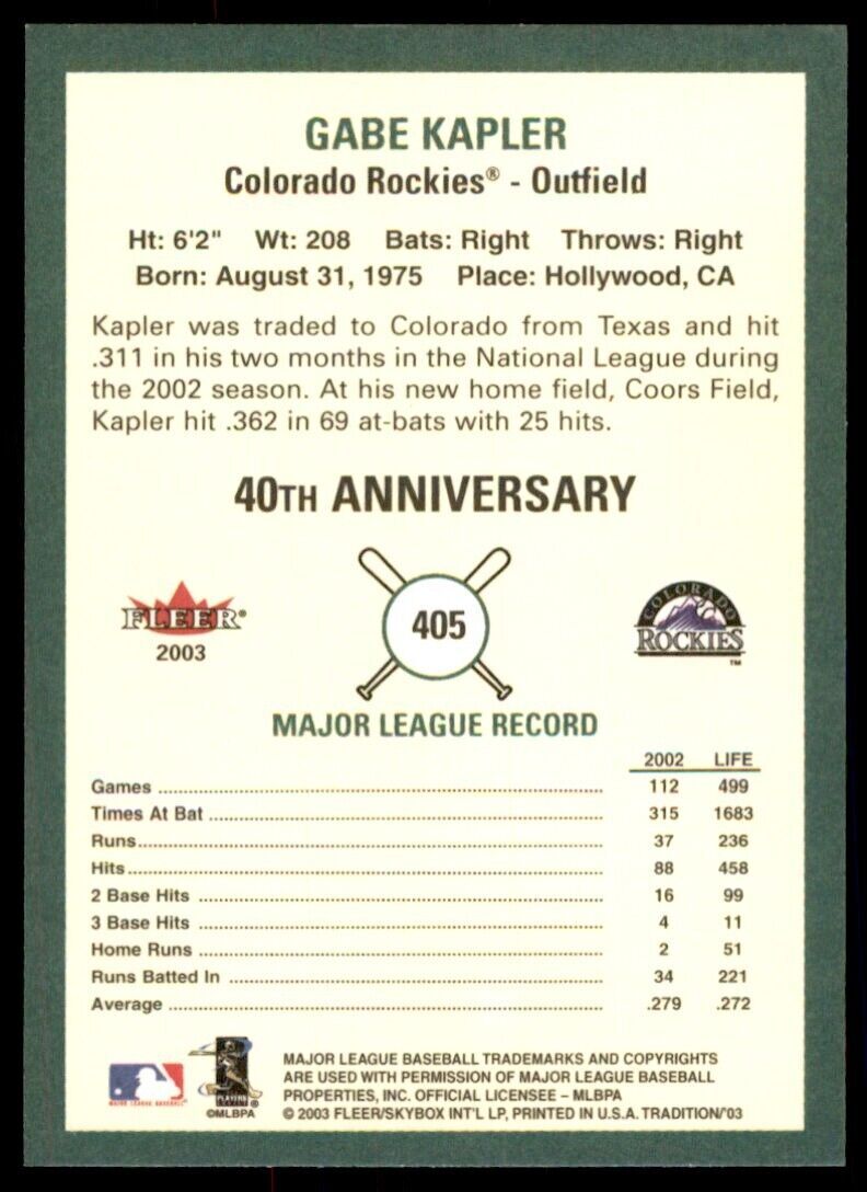 2003 Fleer Tradition Gabe Kapler. Colorado Rockies #405