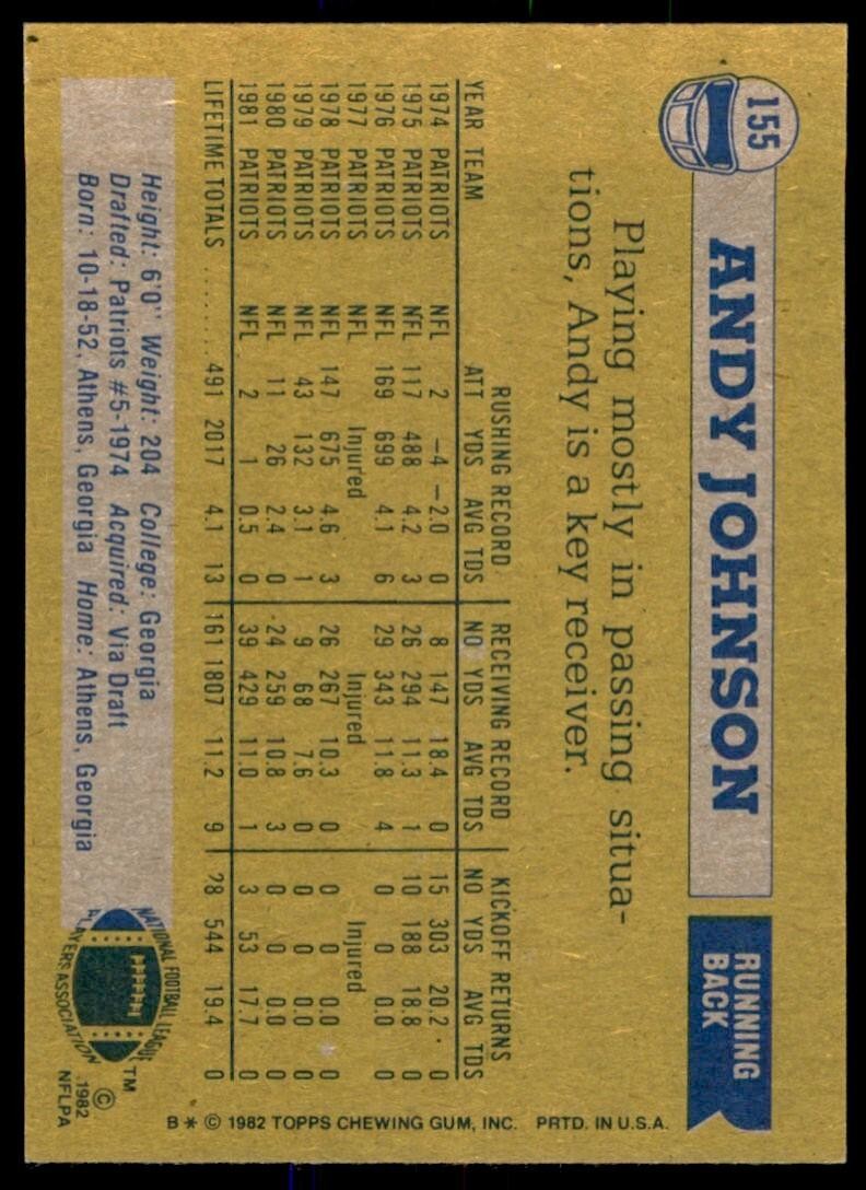 1982 TOPPS ANDY JOHNSON NEW ENGLAND PATRIOTS #155