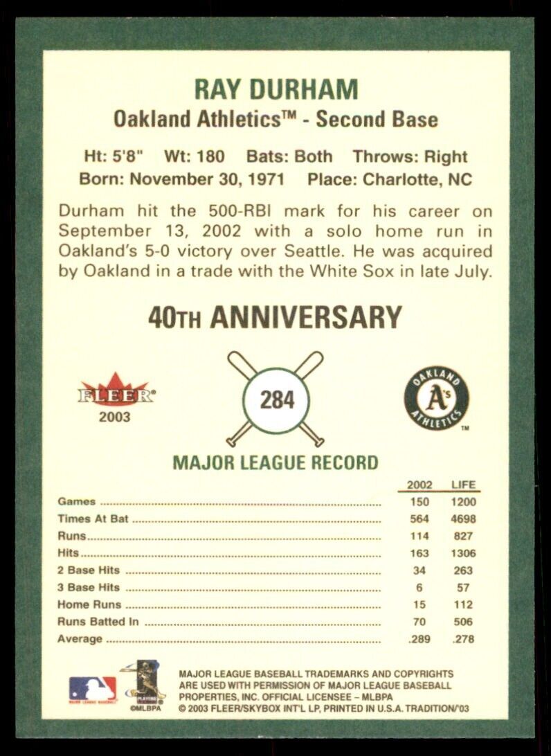 2003 Fleer Tradition Ray Durham. Oakland Athletics #284