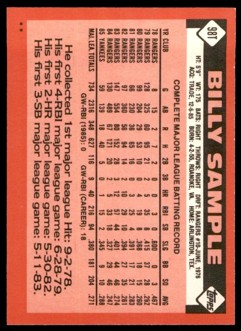 1986 TOPPS TRADED BILLY SAMPLE ATLANTA BRAVES #98T .