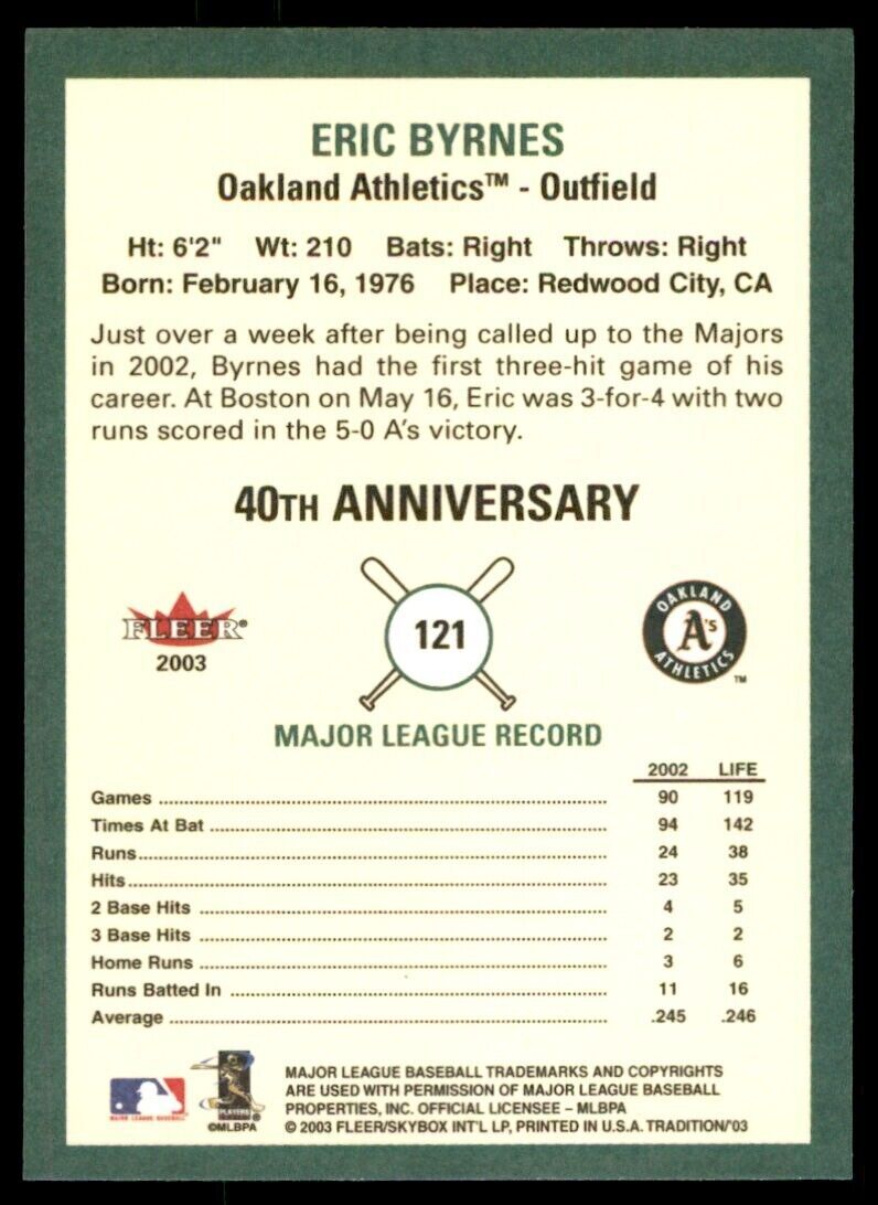 2003 Fleer Tradition Eric Byrnes. Oakland Athletics #121