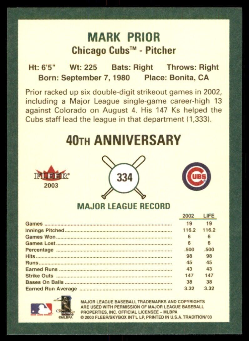 2003 Fleer Tradition Mark Prior Chicago Cubs #334