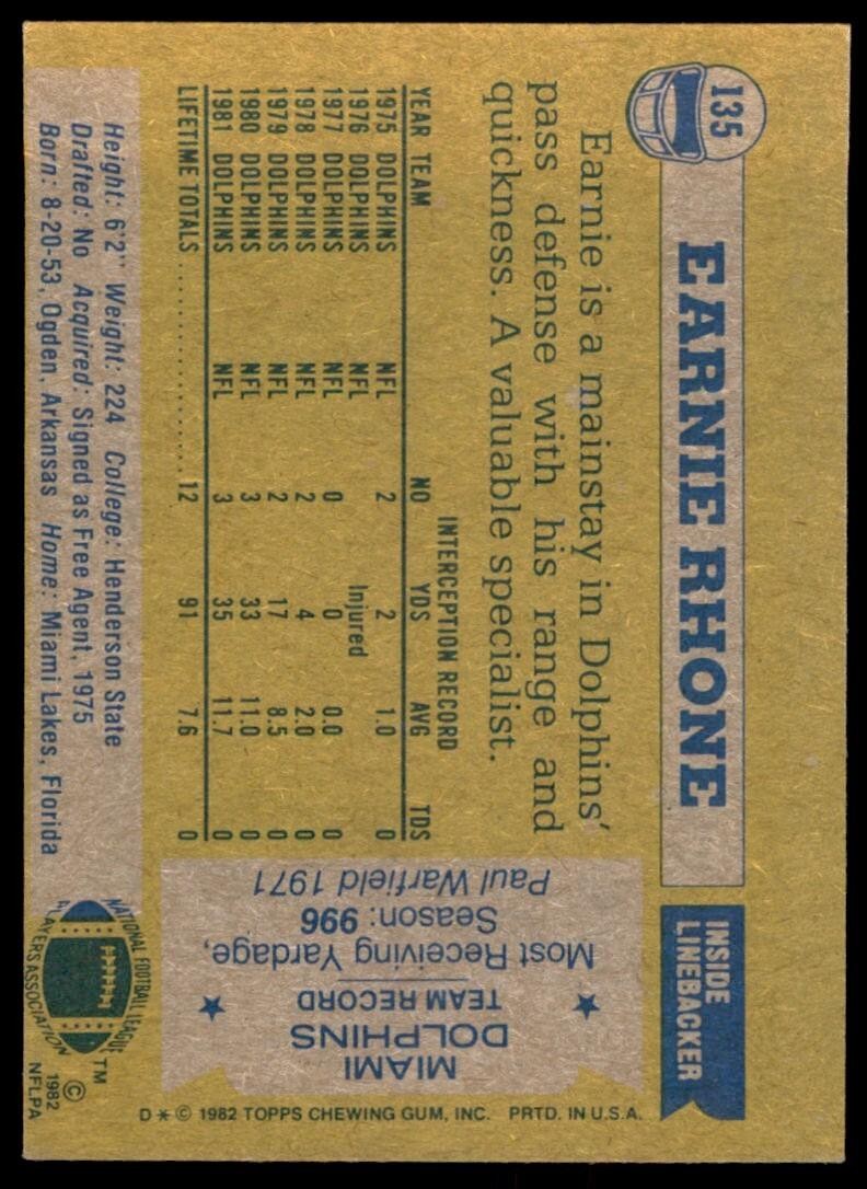 1982 TOPPS EARNIE RHONE ROOKIE MIAMI DOLPHINS #135