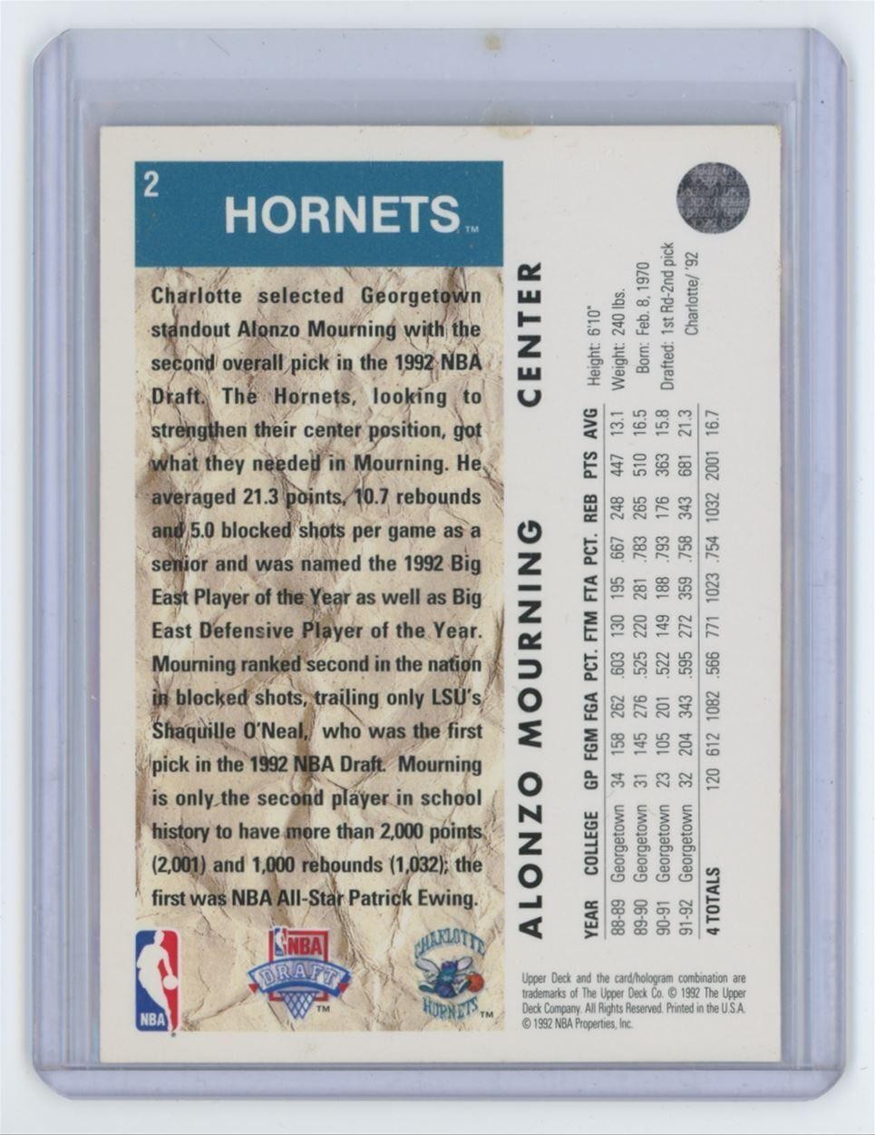 1992-93 UPPER DECK ALONZO MOURNING ROOKIE CHARLOTTE HORNETS #2