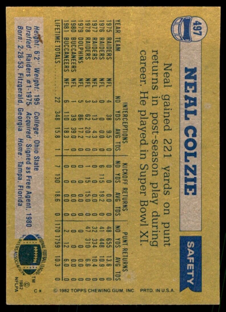 1982 TOPPS NEAL COLZIE TAMPA BAY BUCCANEERS #497