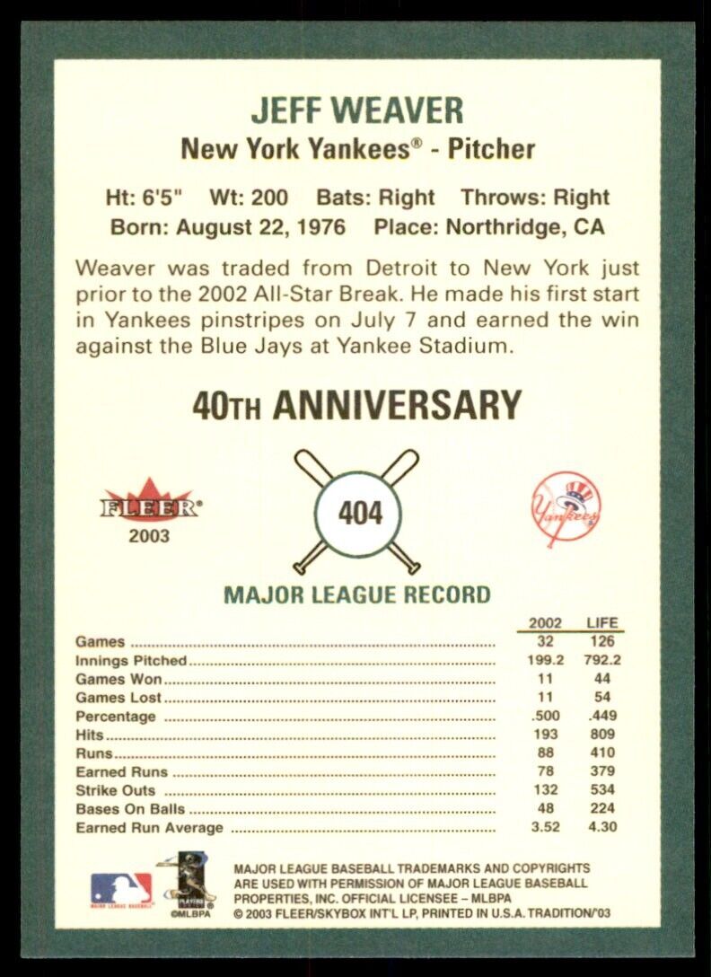 2003 Fleer Tradition Jeff Weaver. New York Yankees #404