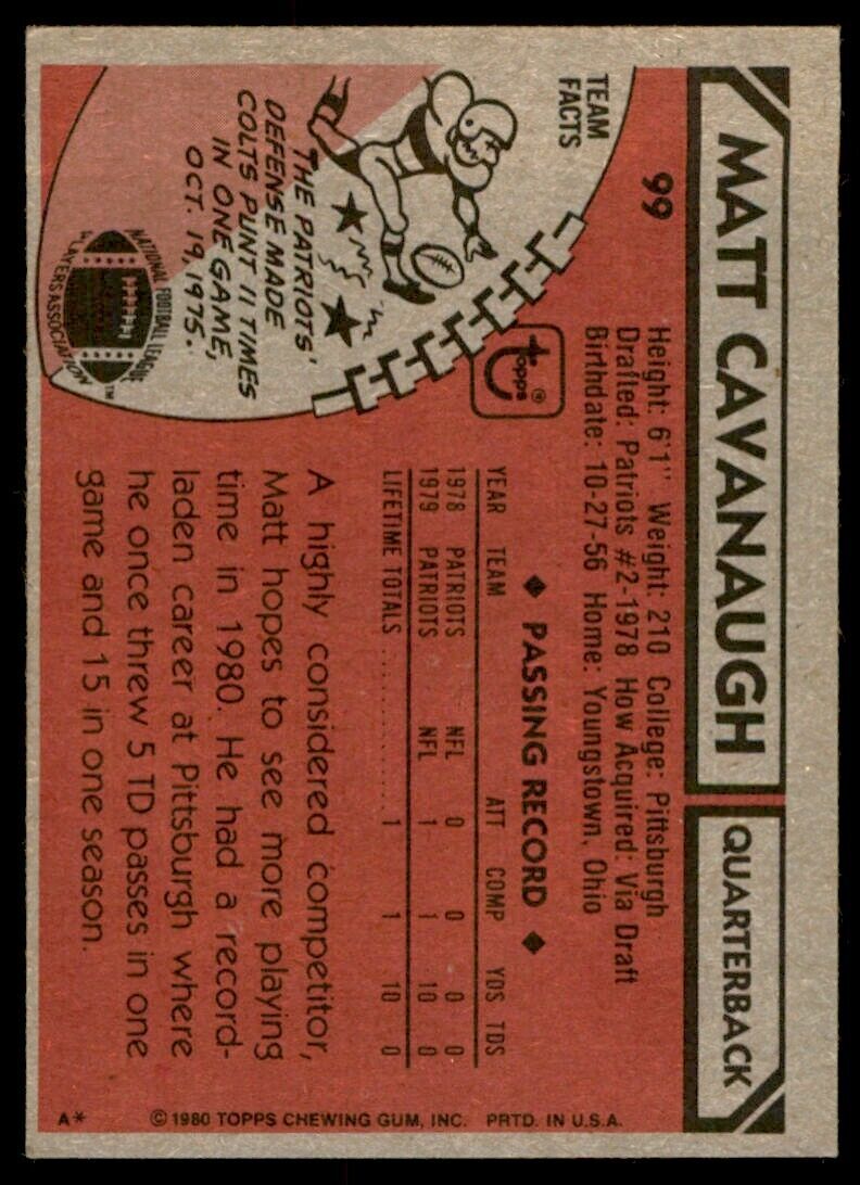 1980 TOPPS MATT CAVANAUGH ROOKIE NEW ENGLAND PATRIOTS #99