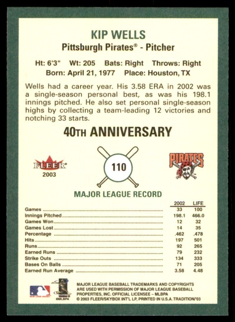 2003 Fleer Tradition Kip Wells. Pittsburgh Pirates #110