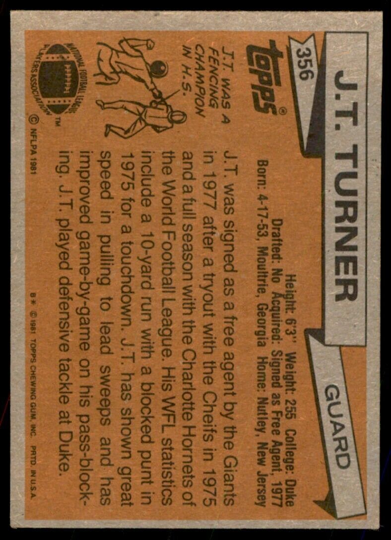 1981 TOPPS J.T. TURNER ROOKIE NEW YORK GIANTS #356