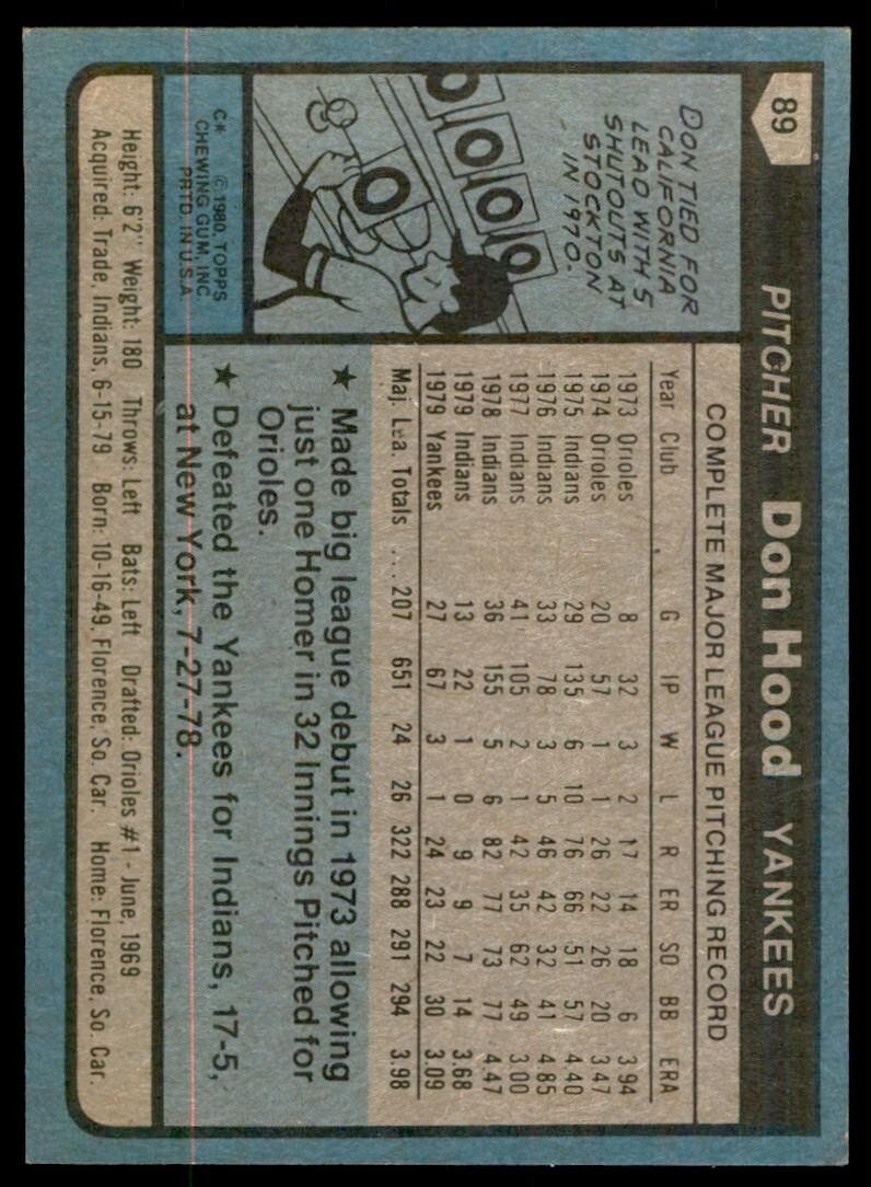 1980 TOPPS DON HOOD NEW YORK YANKEES #89 .