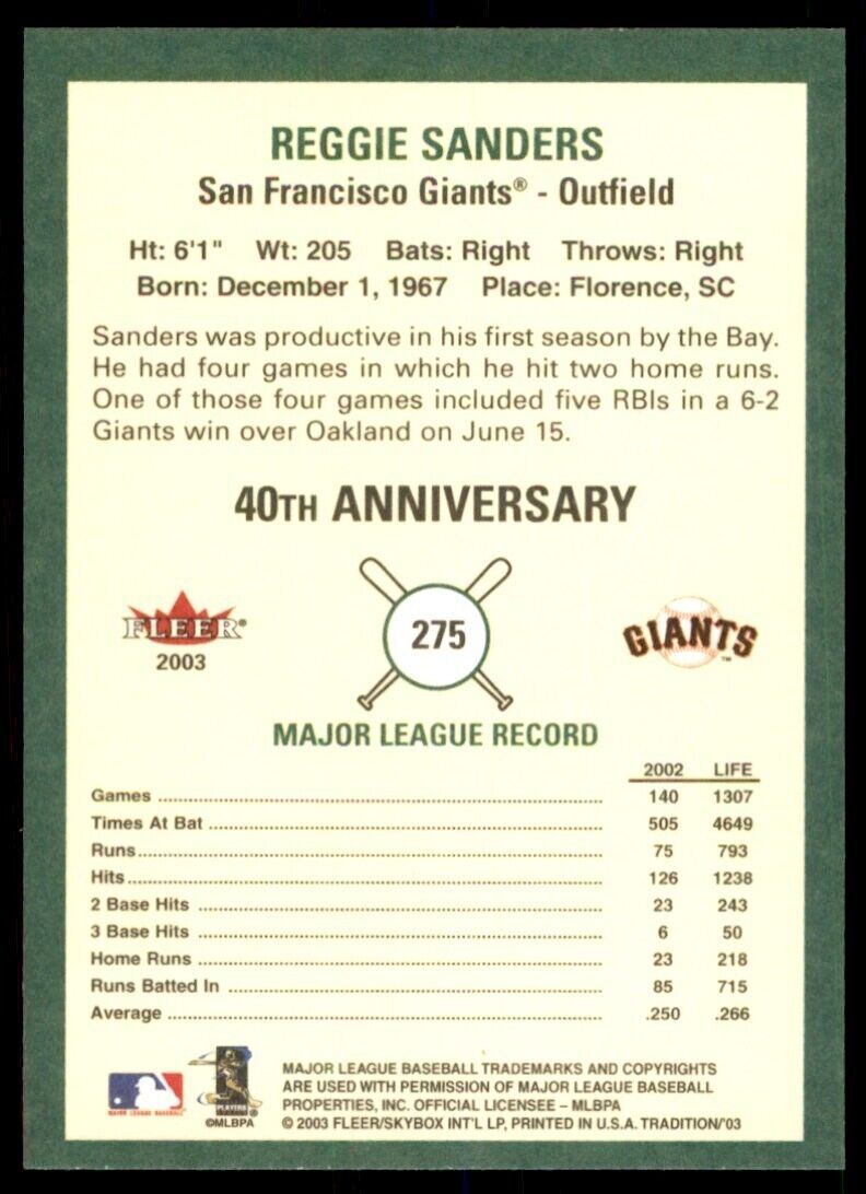 2003 Fleer Tradition Reggie Sanders. San Francisco Giants #275