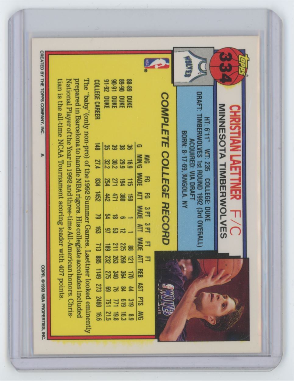 1992-93 TOPPS CHRISTIAN LAETTNER ROOKIE MINNESOTA TIMBERWOLVES #334