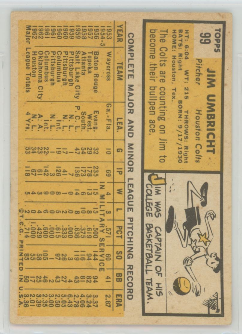1963 TOPPS JIM UMBRICHT HOUSTON COLT .45S #99