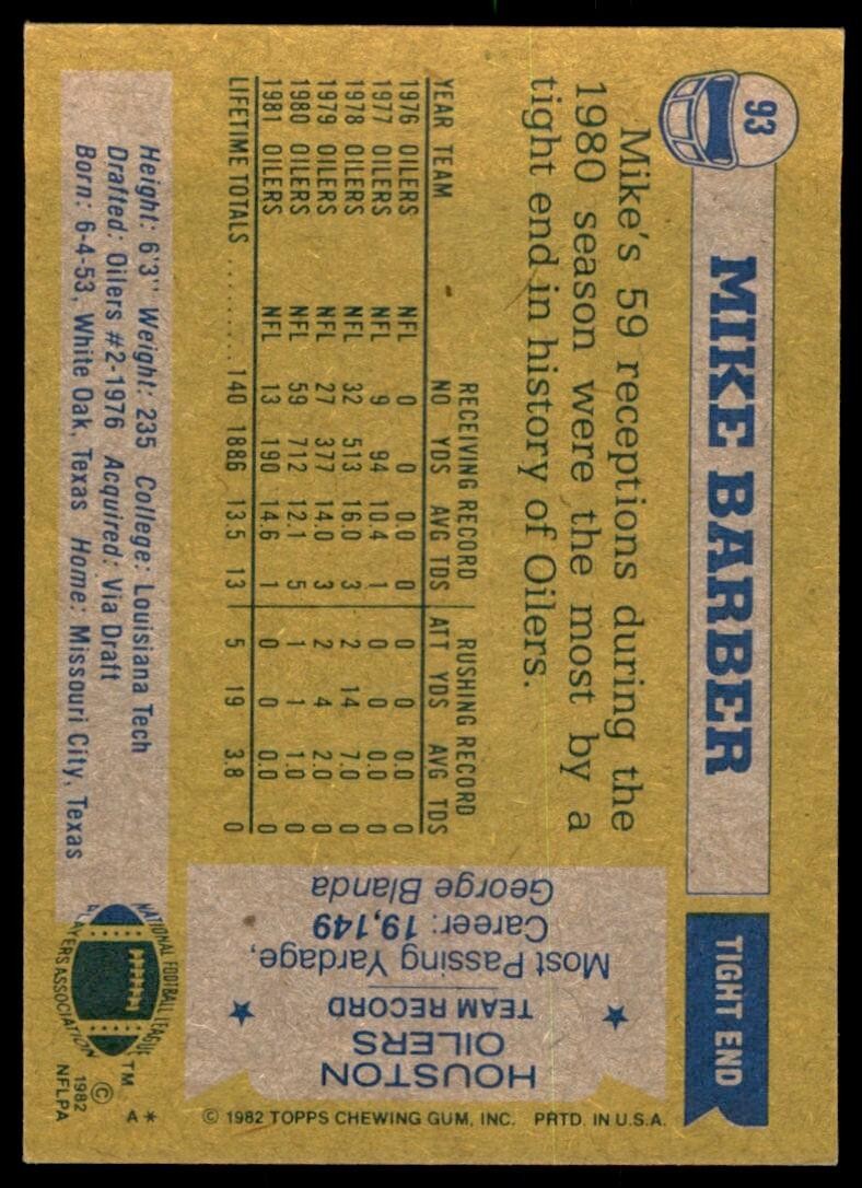 1982 TOPPS MIKE BARBER HOUSTON OILERS #93