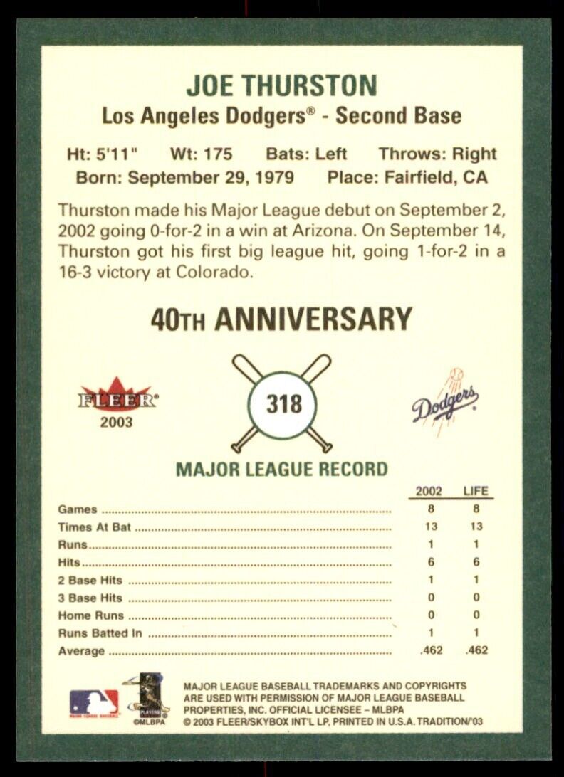 2003 Fleer Tradition Joe Thurston Los Angeles Dodgers #318