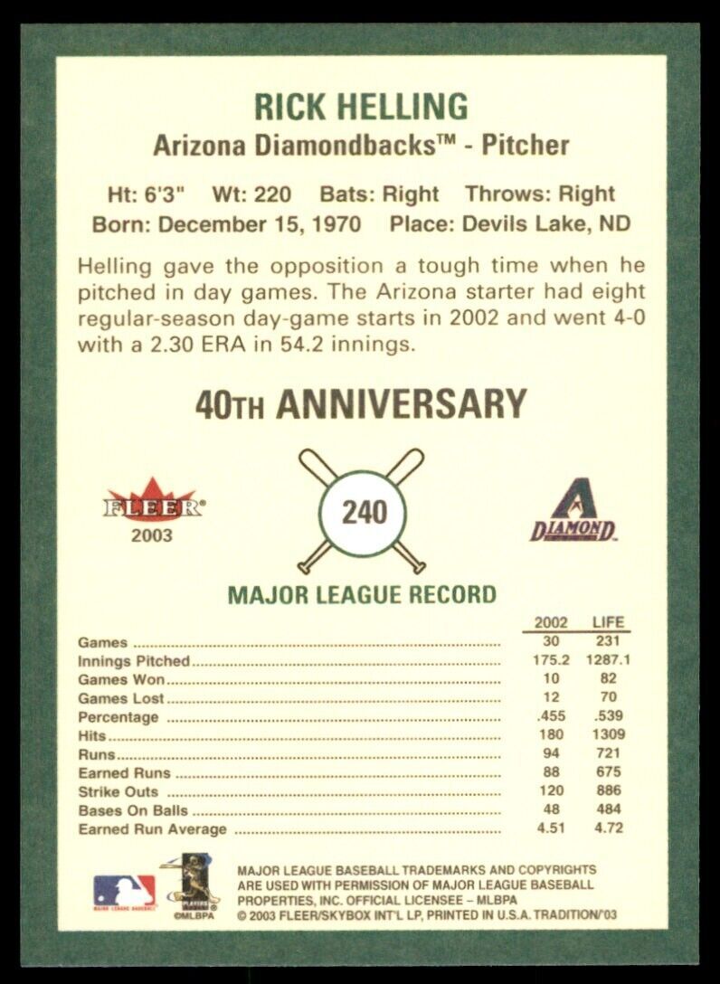 2003 Fleer Tradition Rick Helling Arizona Diamondbacks #240