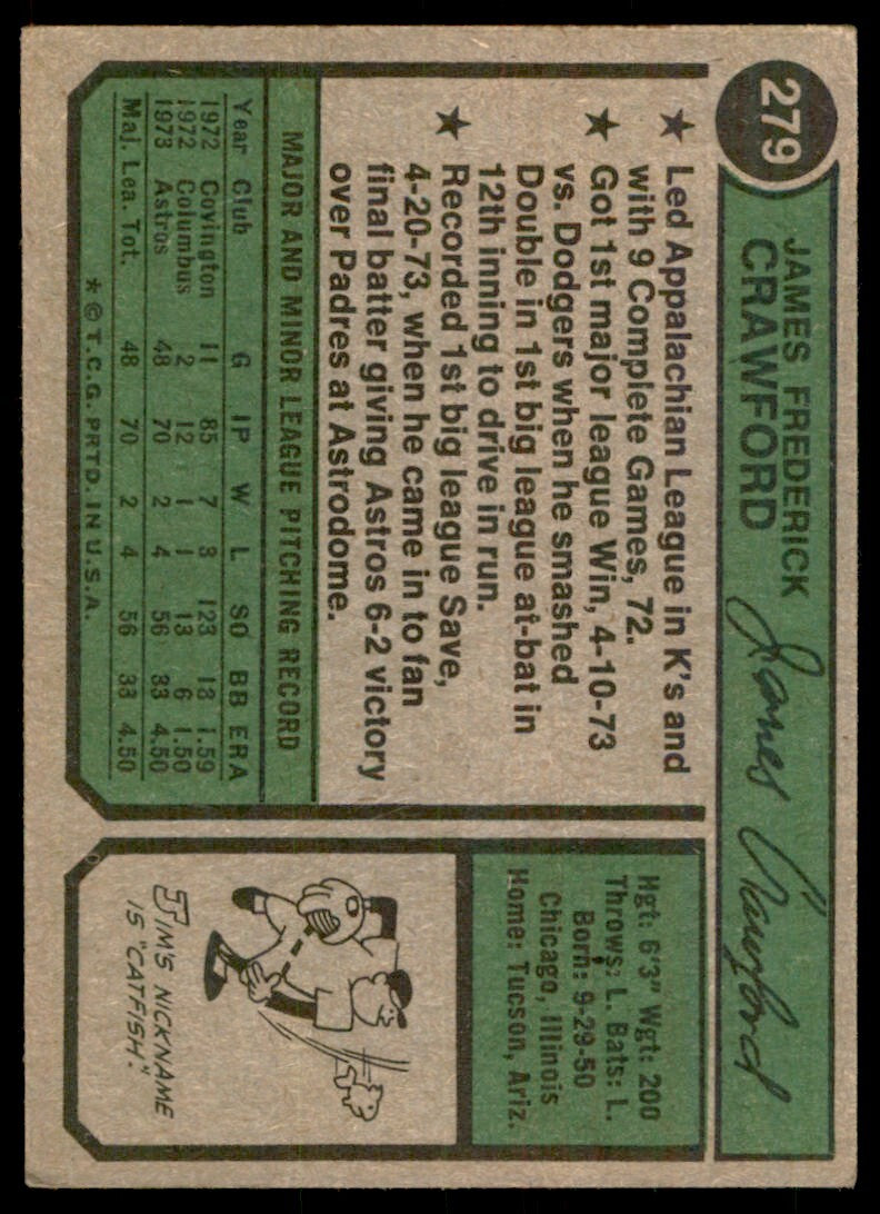 1974 TOPPS JIM CRAWFORD ROOKIE HOUSTON ASTROS #279