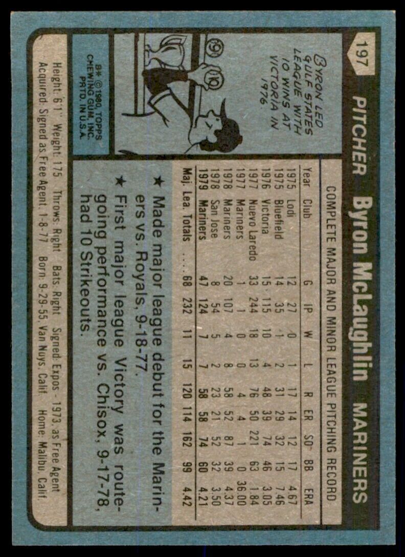 1980 TOPPS BYRON MCLAUGHLIN SEATTLE MARINERS #197