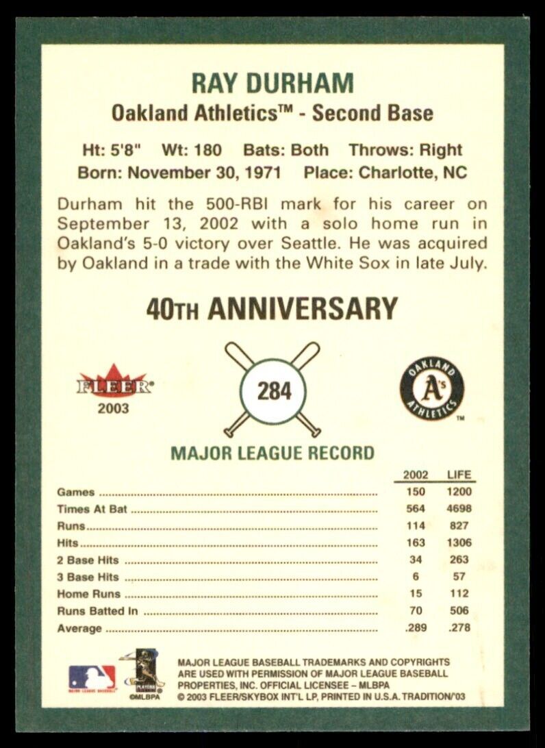 2003 Fleer Tradition Ray Durham Oakland Athletics #284