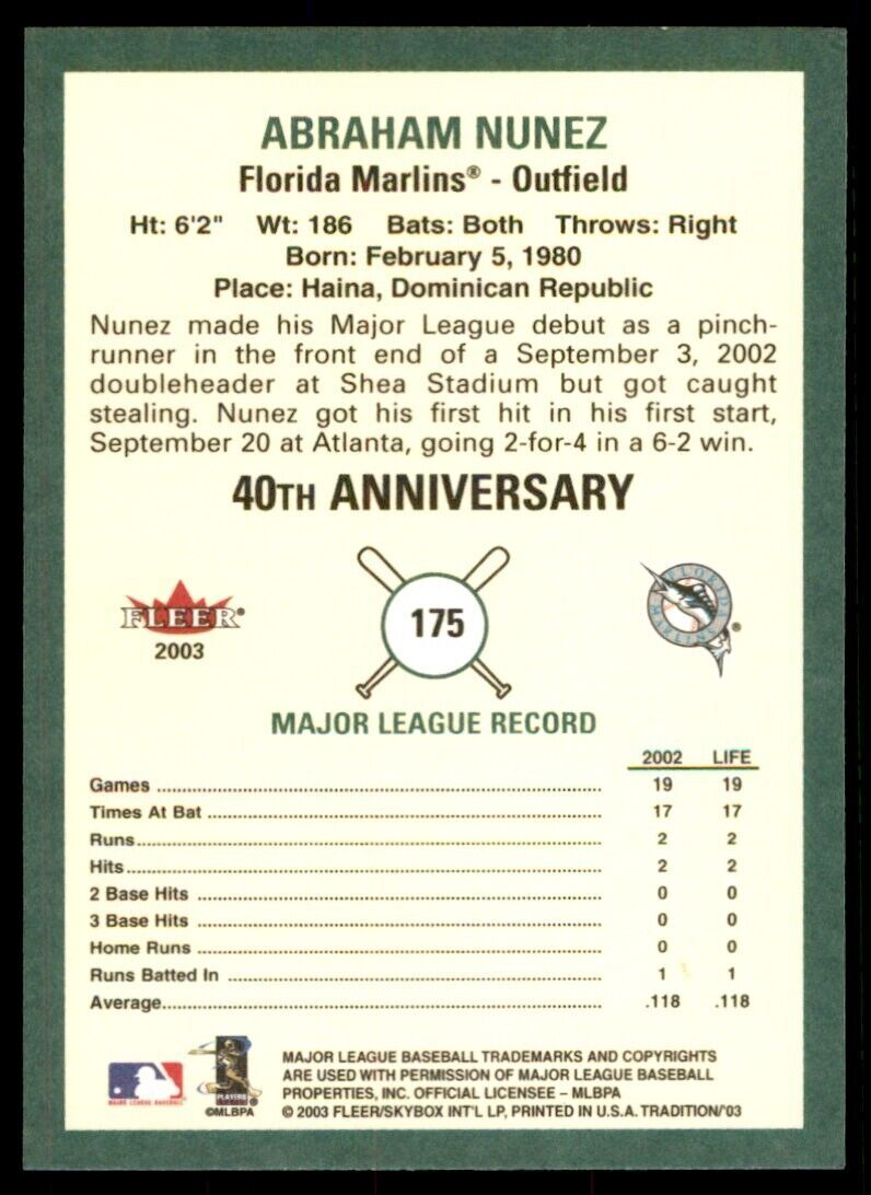 2003 Fleer Tradition Abraham Nunez. Florida Marlins #175.