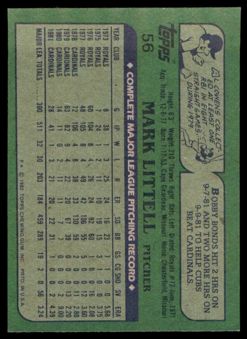1982 TOPPS MARK LITTELL ST. LOUIS CARDINALS #56