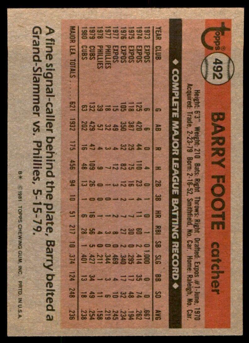 1981 TOPPS BARRY FOOTE CHICAGO CUBS #492