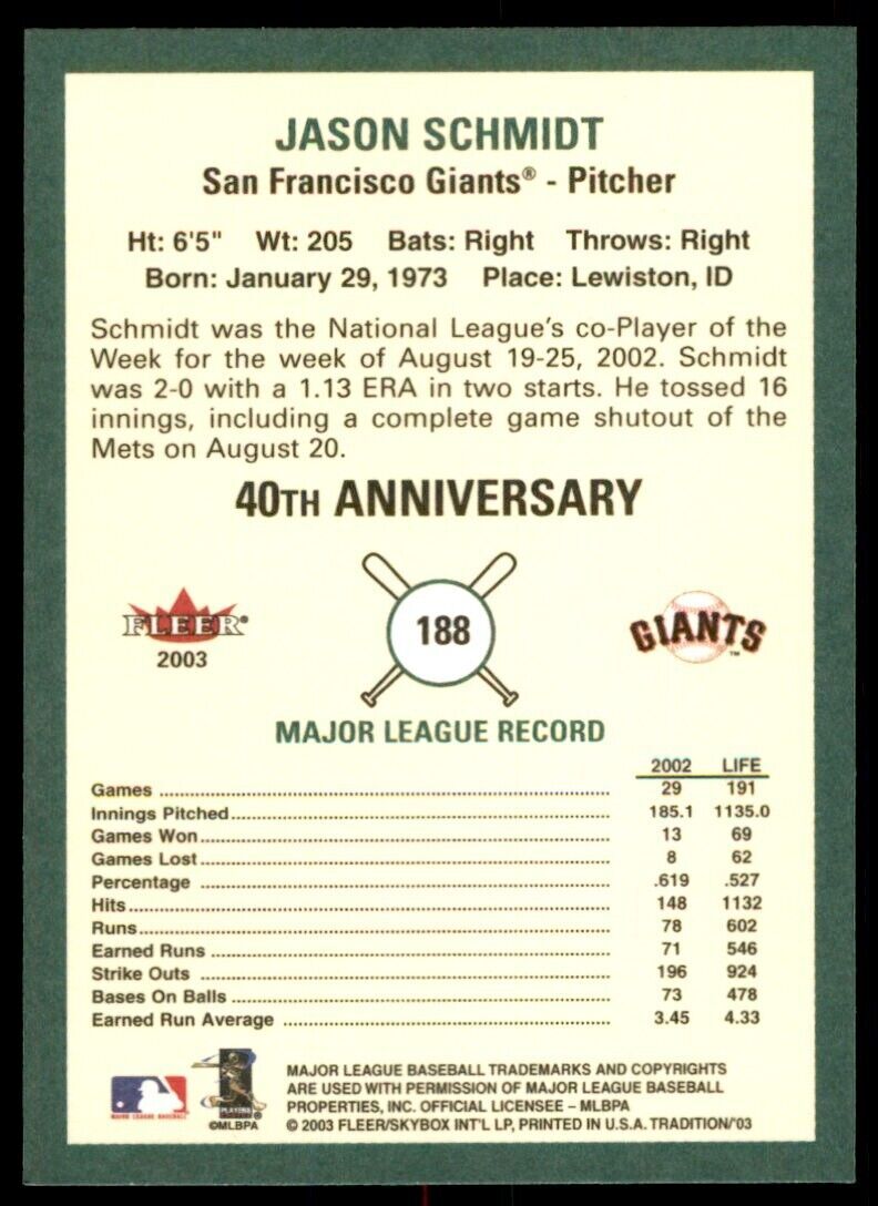 2003 Fleer Tradition Jason Schmidt. San Francisco Giants #188