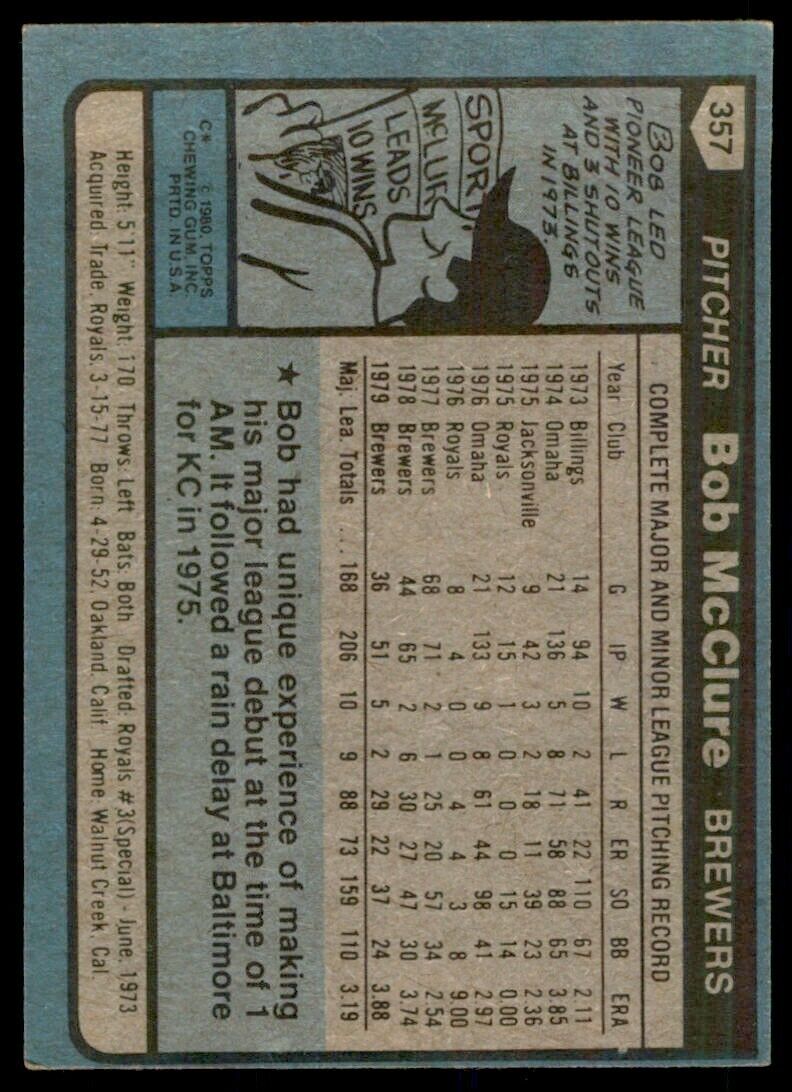 1980 TOPPS BOB MCCLURE MILWAUKEE BREWERS #357