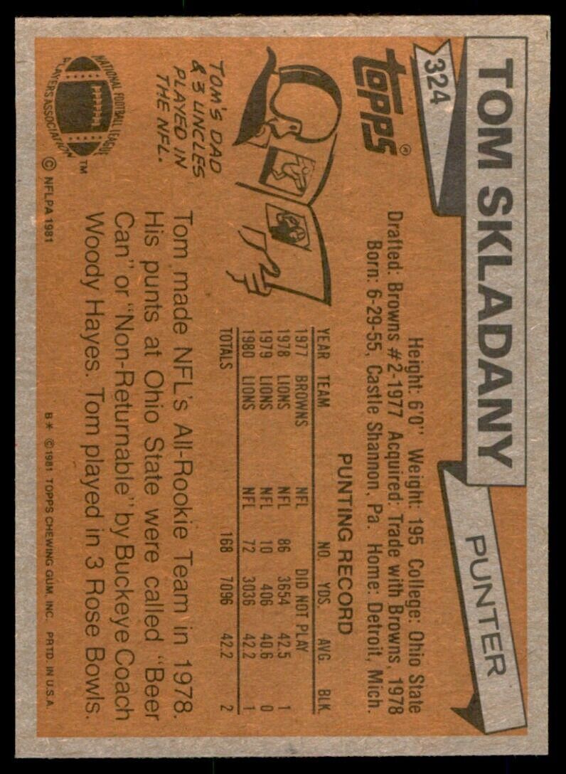 1981 TOPPS TOM SKLADANY DETROIT LIONS #324