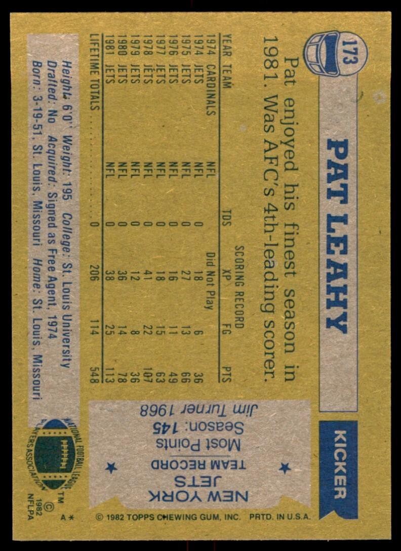 1982 TOPPS PAT LEAHY NEW YORK JETS #173