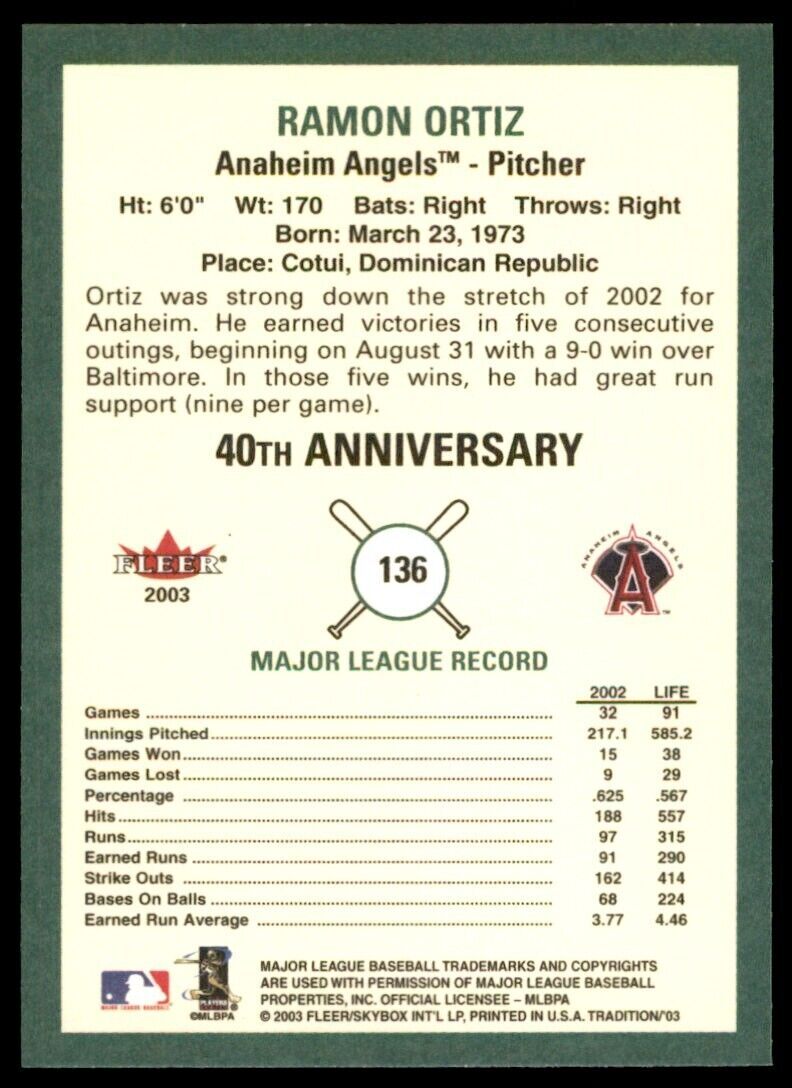 2003 Fleer Tradition Ramon Ortiz. Anaheim Angels #136