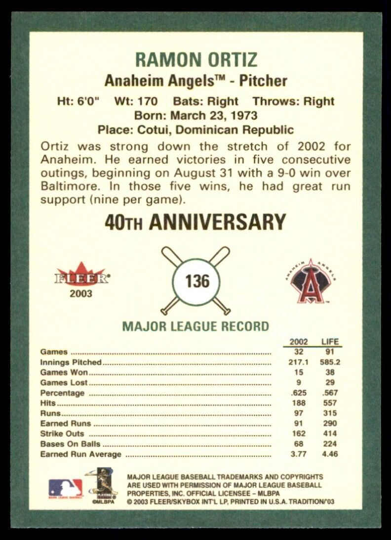 2003 Fleer Tradition Ramon Ortiz. Anaheim Angels #136.