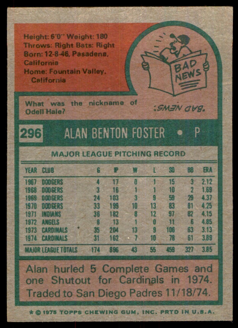 1975 TOPPS ALAN FOSTER ST. LOUIS CARDINALS #296