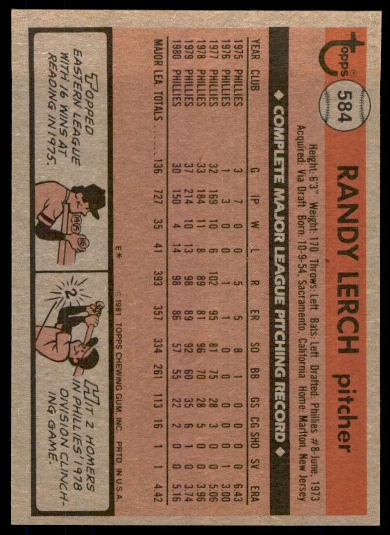1981 TOPPS RANDY LERCH PHILADELPHIA PHILLIES #584