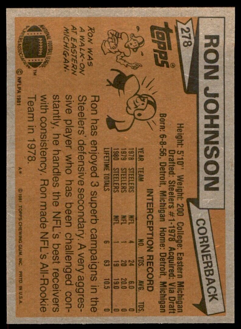 1981 TOPPS RON JOHNSON PITTSBURGH STEELERS #278