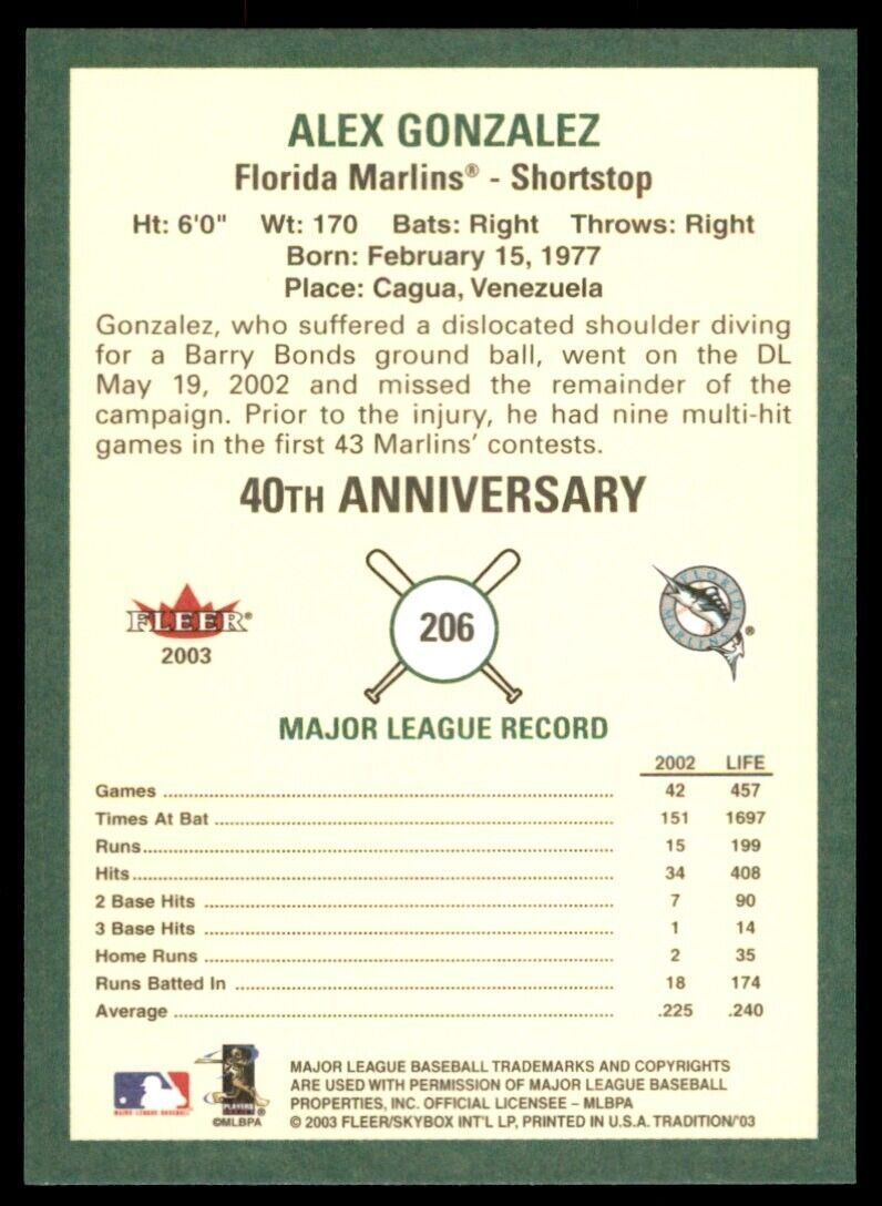 2003 Fleer Tradition Alex Gonzalez Florida Marlins #206