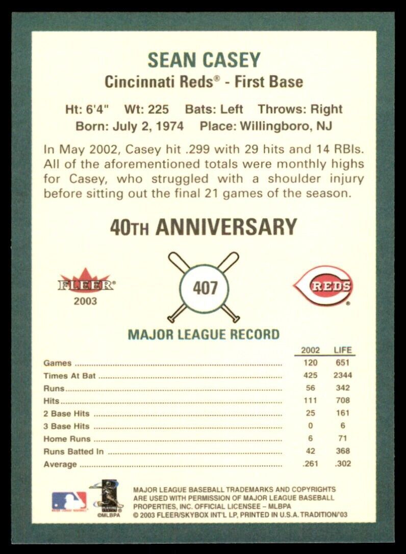 2003 Fleer Tradition Sean Casey Cincinnati Reds #407