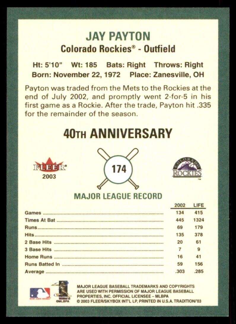 2003 Fleer Tradition Jay Payton. Colorado Rockies #174