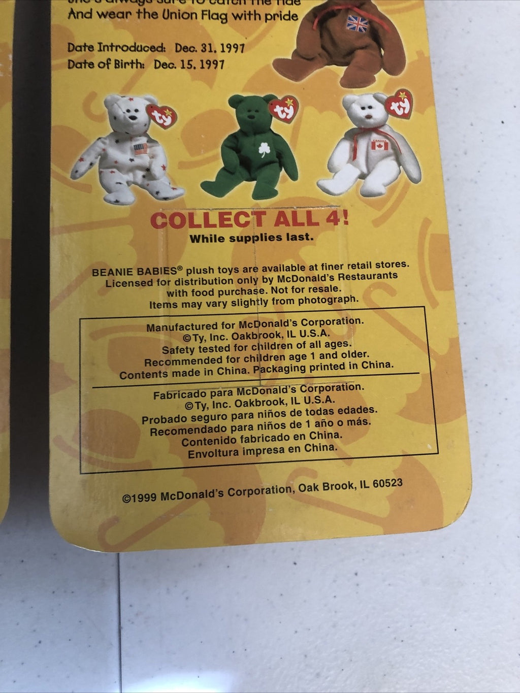 2-Britannia The Bear-1999 McDonald's Ty Beanie Baby With Errors 1993 OakBrook🔥