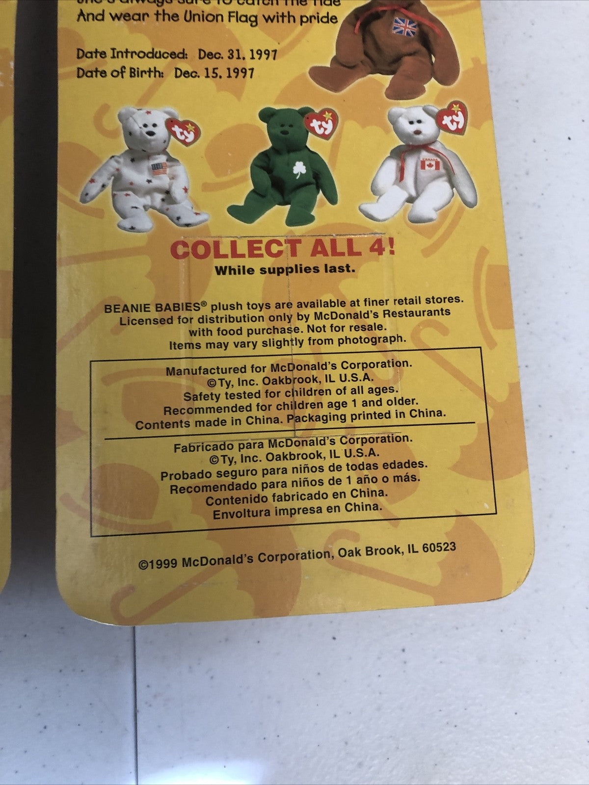 2-Britannia The Bear-1999 McDonald's Ty Beanie Baby With Errors 1993 OakBrook🔥