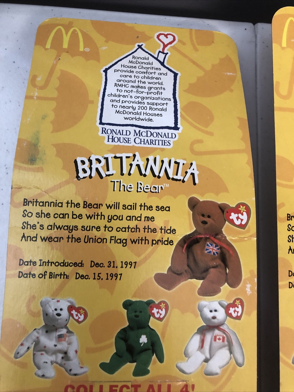 2-Britannia The Bear-1999 McDonald's Ty Beanie Baby With Errors 1993 OakBrook🔥