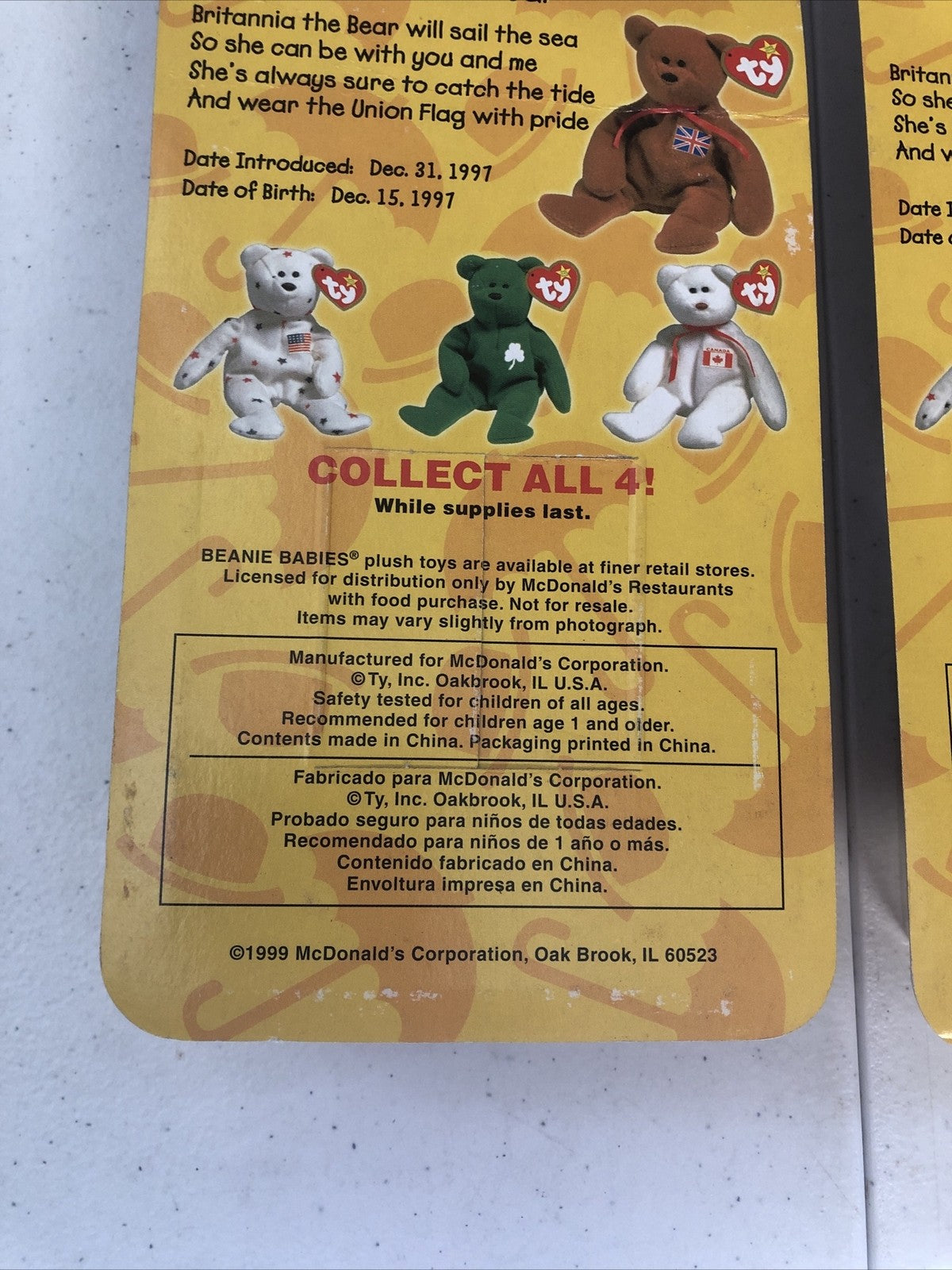 2-Britannia The Bear-1999 McDonald's Ty Beanie Baby With Errors 1993 OakBrook🔥