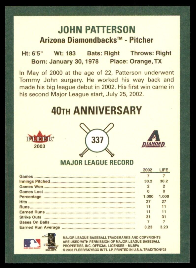 2003 Fleer Tradition John Patterson Arizona Diamondbacks #337