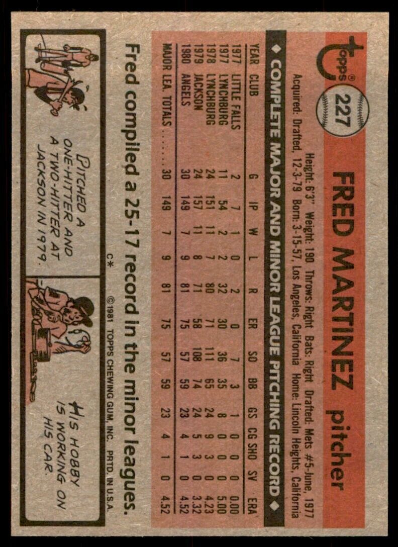 1981 TOPPS FRED MARTINEZ ROOKIE CALIFORNIA ANGELS #227