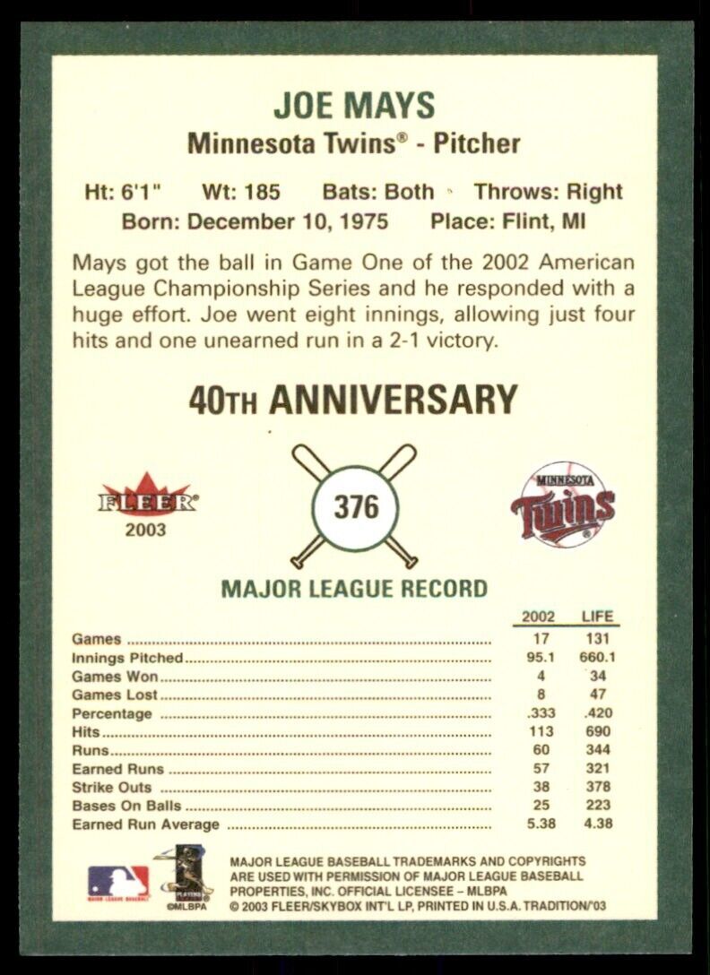 2003 Fleer Tradition Joe Mays Minnesota Twins #376