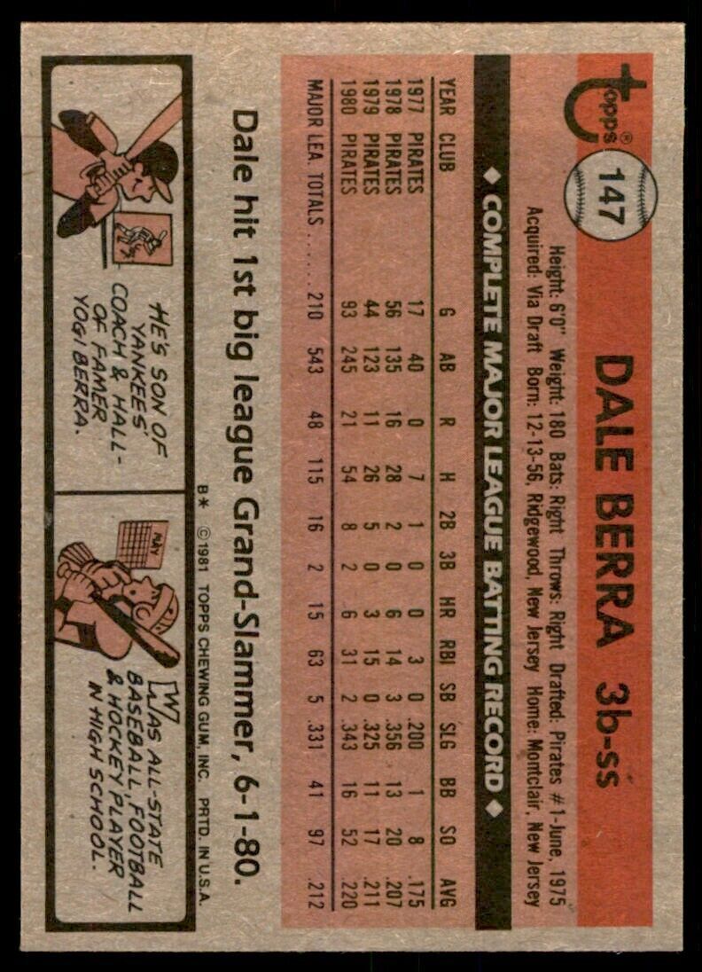 1981 TOPPS DALE BERRA PITTSBURGH PIRATES #147