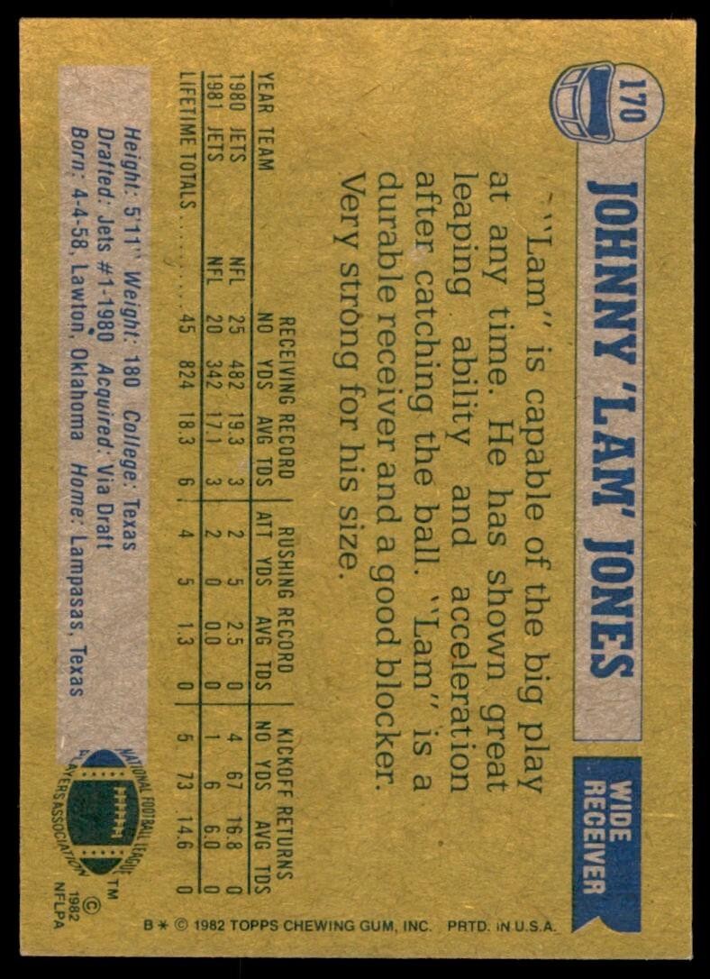 1982 TOPPS LAM JONES NEW YORK JETS #170