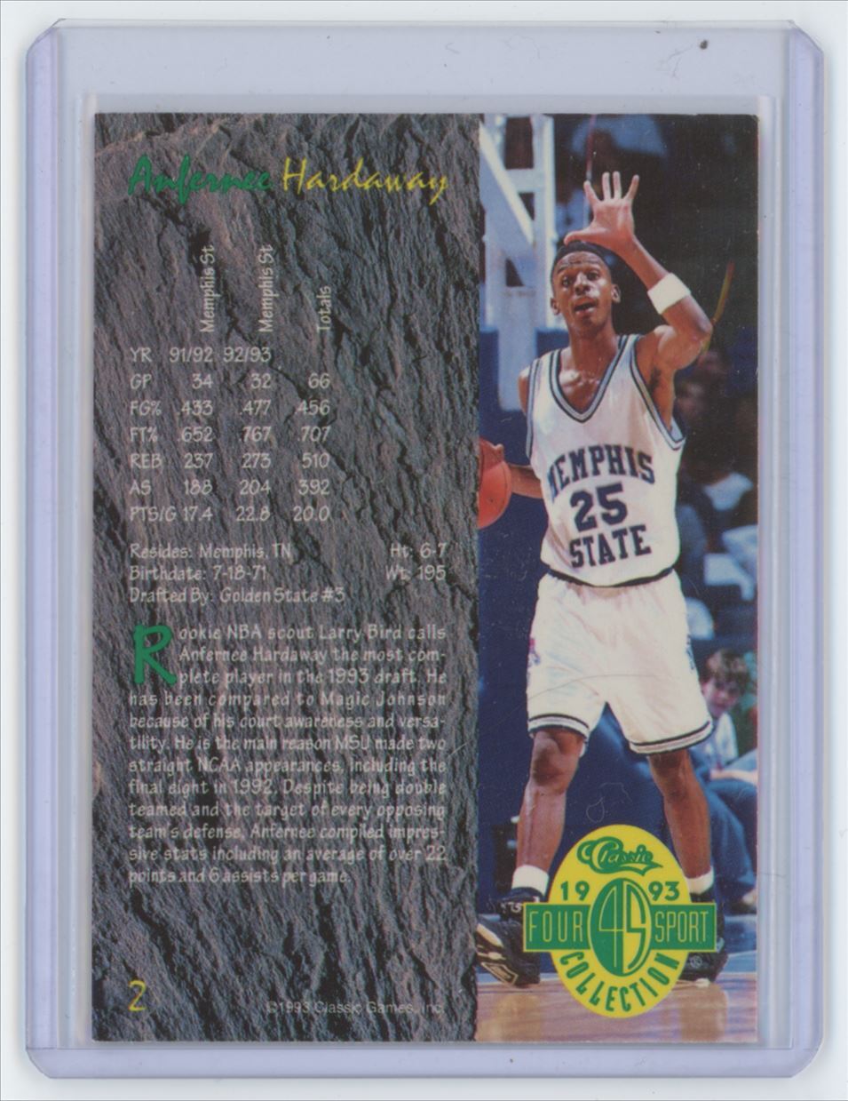 1993-94 CLASSIC FOUR SPORT COLLECTION ANFERNEE HARDAWAY MEMPHIS STATE #2